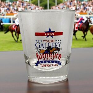 Rare Vintage 1999 Gallery Furniture Stakes Shot Glass Turfway Park Kentucky EUC